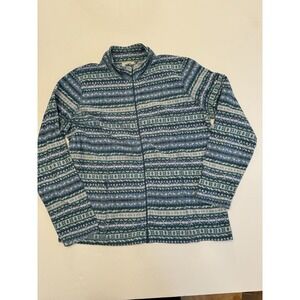 LL Bean Sweater Jacket Womens Large Blue Green White Fleece Full Zip Long Sleeve